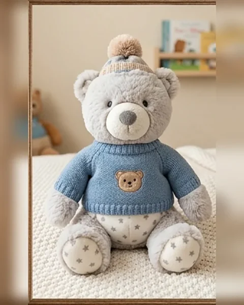Alfie, a pale grey plush bear in a blue knitted jumper, a bobble hat and star-print pyjama bottoms