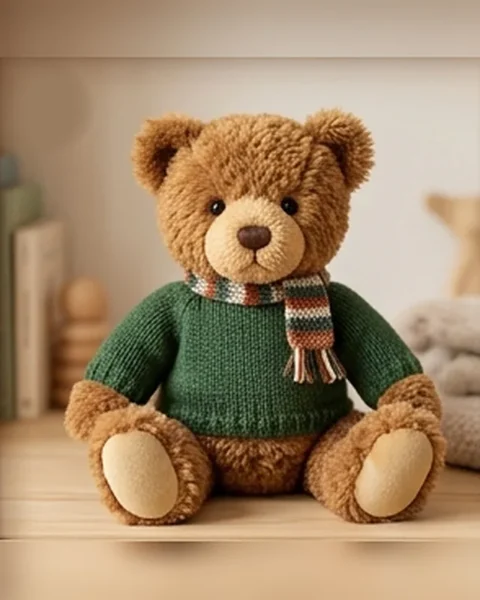 Arthur, a caramel curly-plush bear in a bottle-green knitted jumper and a striped scarf