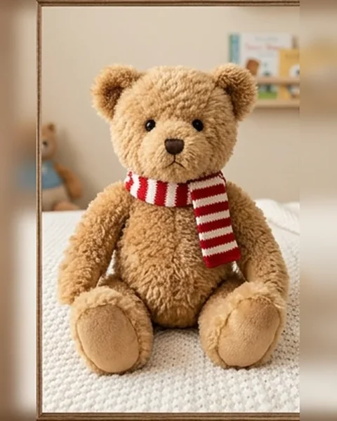 Barnaby, a honey-coloured curly-plush teddy bear with a red and white striped knitted scarf