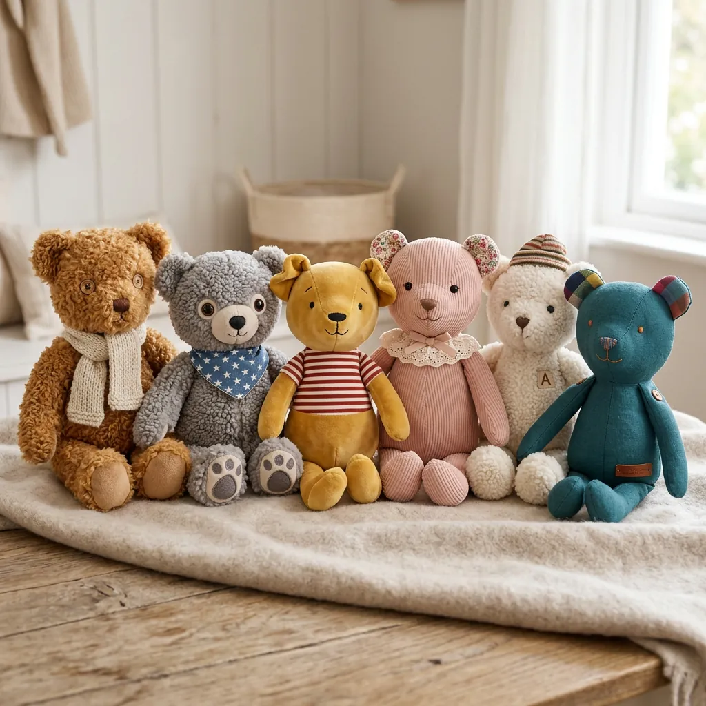 Six Plumpkin bears sitting in a row on a wool blanket by a window