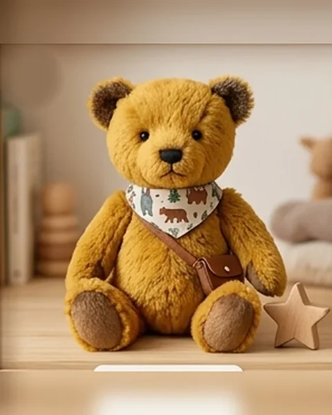 Finn, a mustard-yellow plush bear with a patterned bandana and a small leather satchel