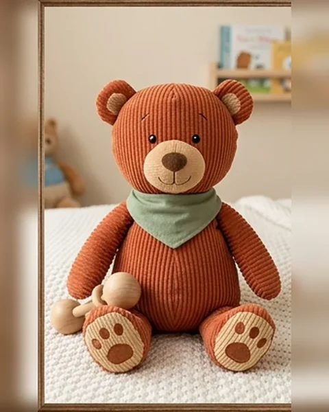 Hazel, a rust-coloured corduroy bear with a sage green bandana and paw-print pads