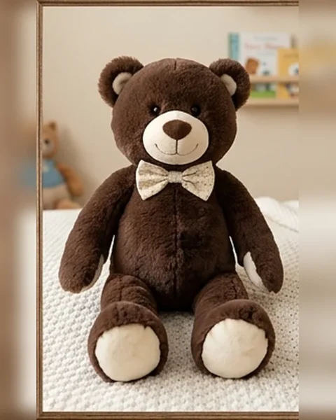 Humphrey, a dark brown plush bear with cream paw pads and a linen bow tie