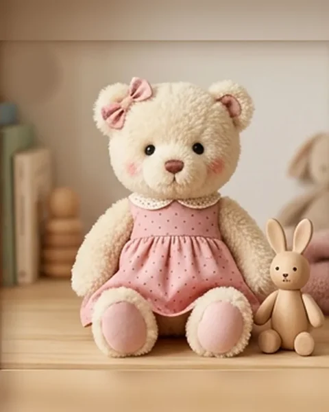 Luna, a cream curly-plush bear in a pink spotted dress with a bow behind one ear