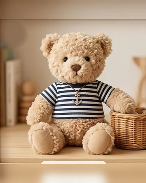 Milo, a light-brown curly-plush bear in a navy and white striped top with an anchor pendant