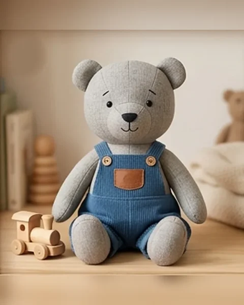 Oliver, a grey linen bear wearing blue denim dungarees with a leather patch