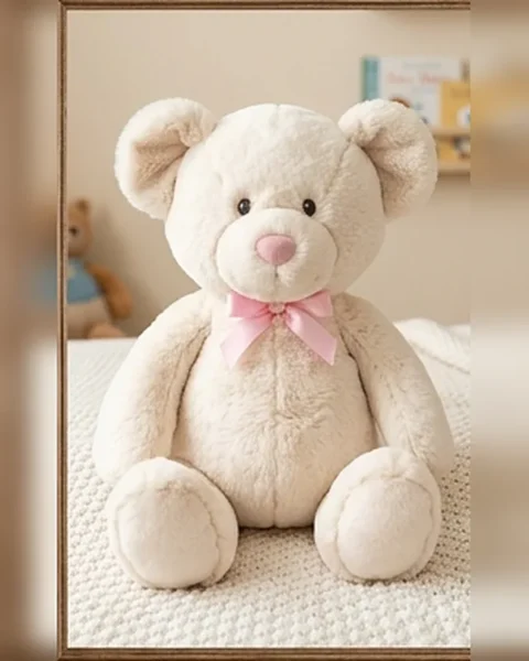 Pearl, a small cream plush bear with a pale pink ribbon bow