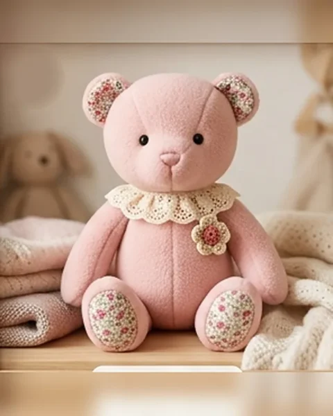 Sophie, a blush-pink plush bear with a cream lace collar and floral fabric on the ears and paws
