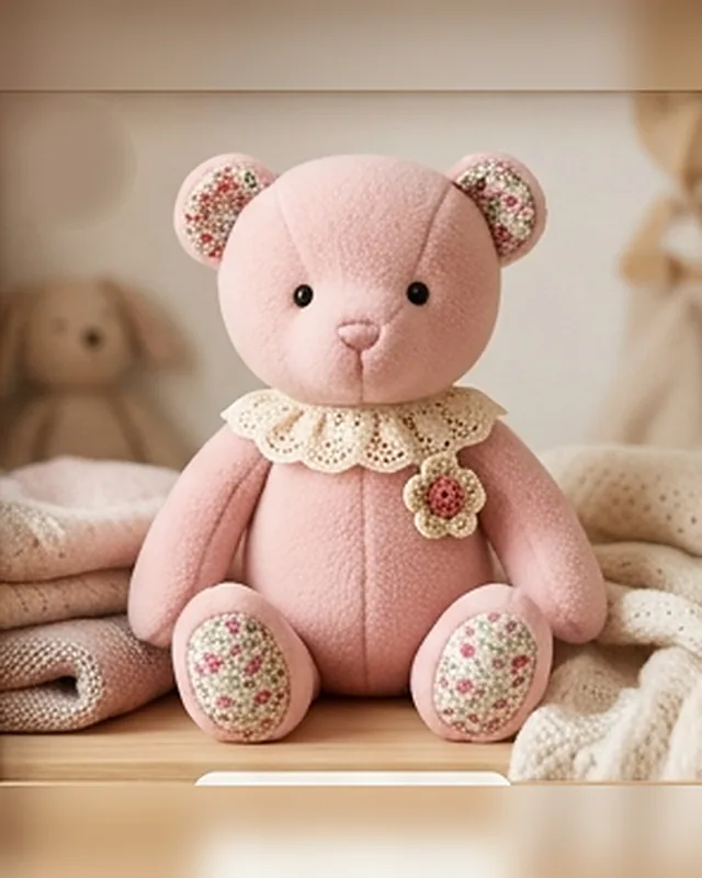 Sophie, a blush-pink plush bear with a cream lace collar and floral fabric on the ears and paws