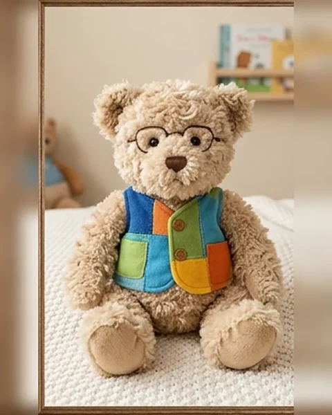 Theo, a light curly-plush bear wearing wire-rimmed glasses and a colourful patchwork waistcoat